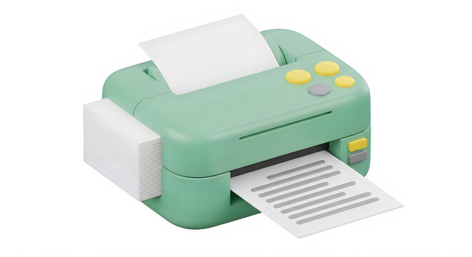 Green toy printer with paper sheet on transparent background