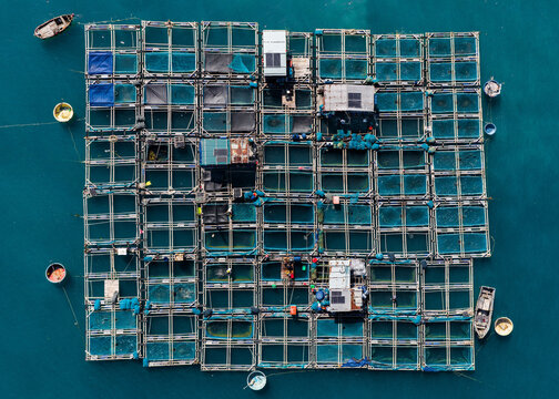 Aerial view of floating fish cages and traditional fishing boats in the turquoise sea near Mui Ne Beach, Phan Thiet, Binh Thuan, Vietnam.