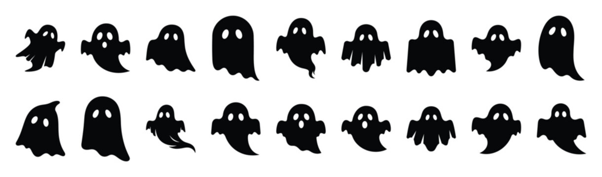 Large collection of  ghost floating silhouette icons. Big set of Halloween Vector illustration.