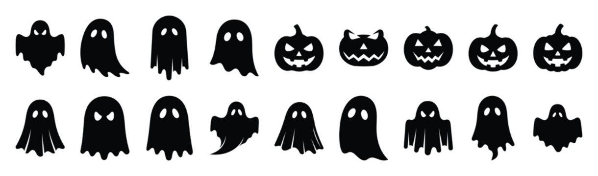 Large collection of  ghost scary and pumkin silhouette icons. Big set of Halloween Vector illustration.