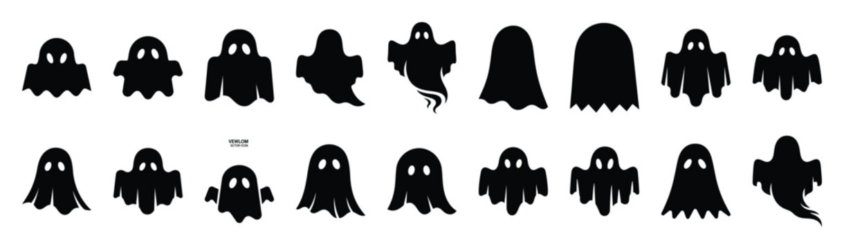 Large collection of  ghost silhouette icons. Big set of Halloween Vector illustration.