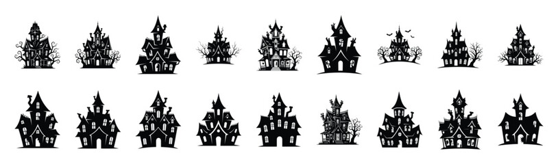 Fototapeta premium Large collection of haunted house silhouette icons. Big set of Halloween Vector illustration.