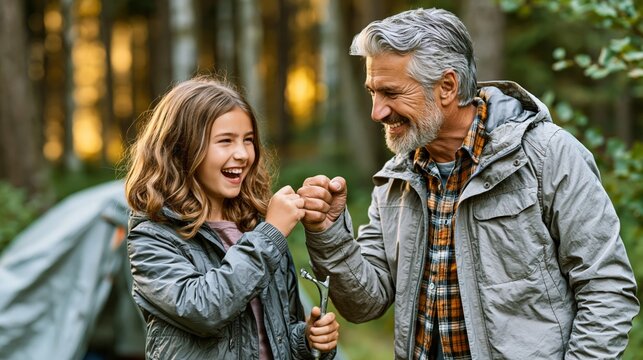 Father and daughter fist bumping during forest camping trip with tent