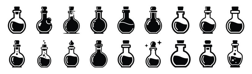 Large collection of  magic potion bottle silhouette icons. Big set of Halloween Vector illustration. © Krishna