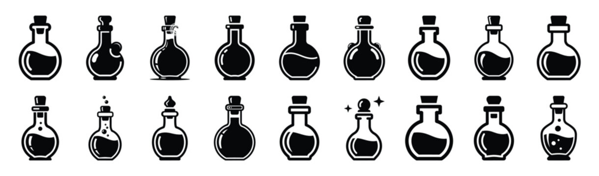 Large collection of  magic potion bottle silhouette icons. Big set of Halloween Vector illustration.