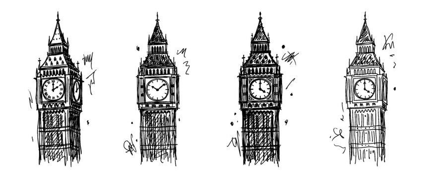 big ben , pen scribble , kid Hand drawn , vector