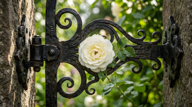Single white rose growing through the ornate ironwork of an old garden gate in the sunlight