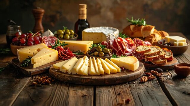 Gourmet cheese platter with assorted cheeses olives bread and wine on rustic table