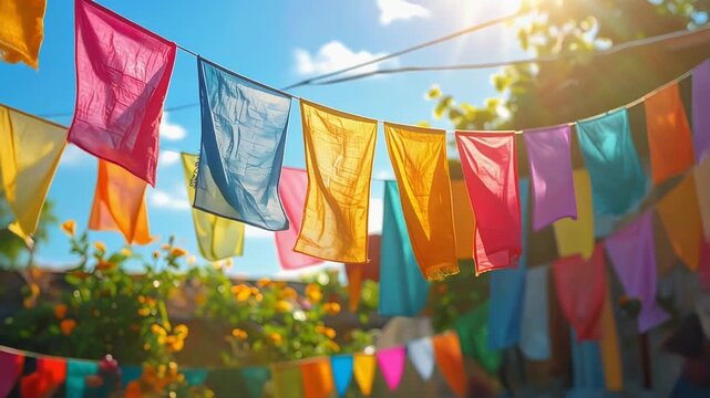 Colorful prayer flags hanging in sunlight fluttering in wind above green landscape