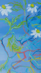Still life with flowers in a pot painted using acrylic and pastel on canvas at a bright studio © Mari Dein