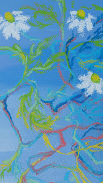 Still life with flowers in a pot painted using acrylic and pastel on canvas at a bright studio