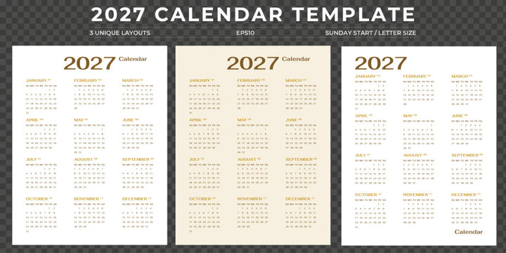 2027 yearly calendar template set, Sunday start, 3 annual elegant beige vertical layouts
