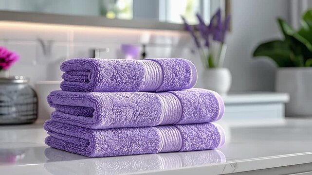 Pile of folded purple bath towels placed on bathroom countertop in bright modern interior