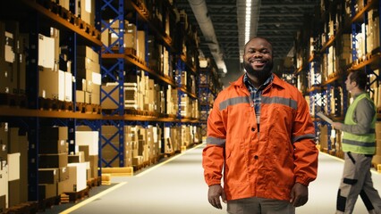 Fototapeta premium Male worker organizing packages in fulfillment center storage room. Inventory management system ensures accurate order fulfillment and workflow across large business operations.