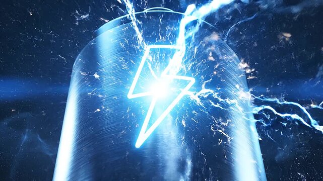 Glowing blue lightning bolt encased in transparent cylinder, surrounded by electric sparks and arcs, symbolizing futuristic power, energy storage, and high-tech innovation.