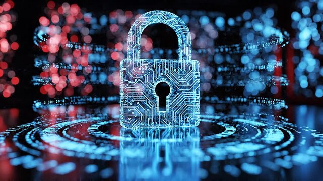 Glowing digital padlock formed of circuit patterns, surrounded by radiant blue and red light effects, symbolizing encryption, cybersecurity, and data protection in modern digital systems.