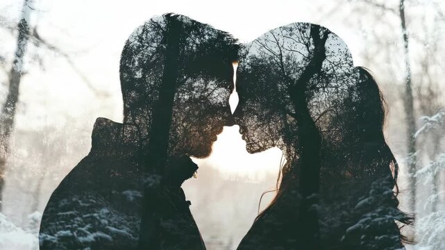 A romantic moment between two people sharing a kiss during winter, with snow-covered trees and the horizon blurred by falling snowflakes.