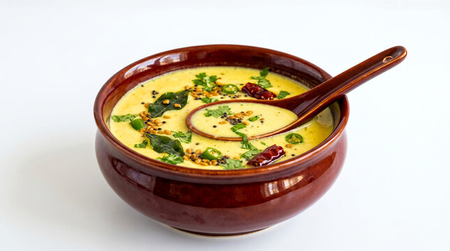 Traditional vegetarian Indian Gujarati or Punjabi food kadhi tempered with red chili and curry leaves tadka, and spoon, can served with rice, white background