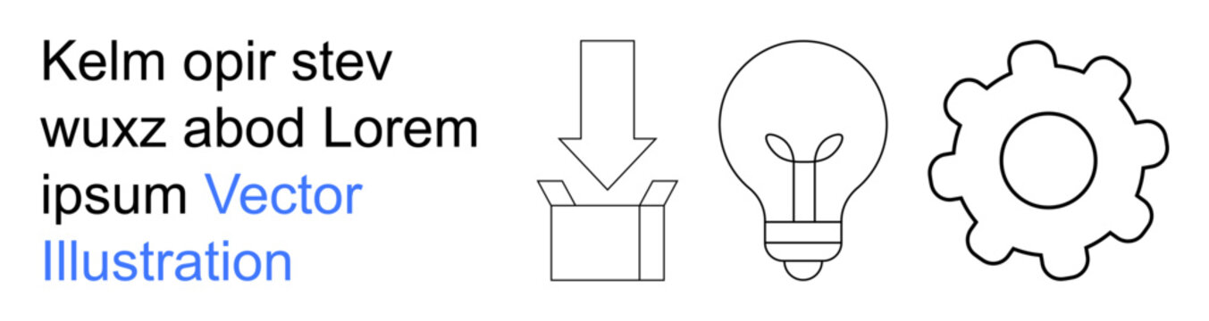 Innovation, creativity, technology design, packaging ideas, problem-solving, startup solutions. Line drawing with a box, gear arrow and lightbulb. Innovation and creativity concept