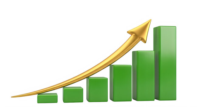 3d golden arrow growing with green bar chart on transparent background