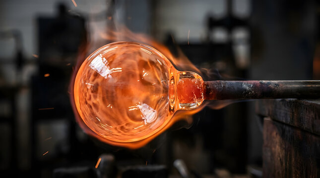 Glowing molten glass sphere being shaped by a glassblower on a metal pipe in a dark workshop