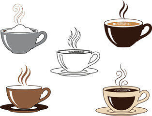 Obraz premium Steaming Coffee Cup Collection with Different Mugs and Saucer Designs for Digital Art, Beverage Illustration, and Café Decor
