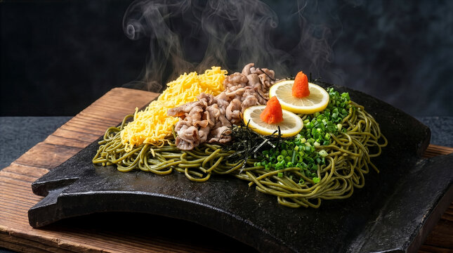 湯気が立ち上る熱々瓦そば、錦糸卵と牛肉を添えた山口名物料理