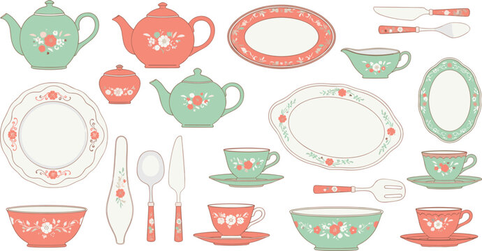 Vintage Floral Tea Set Collection with Teapots, Cups, Plates, and Cutlery for Digital Art, Kitchen Decor, and Elegant Dining Designs