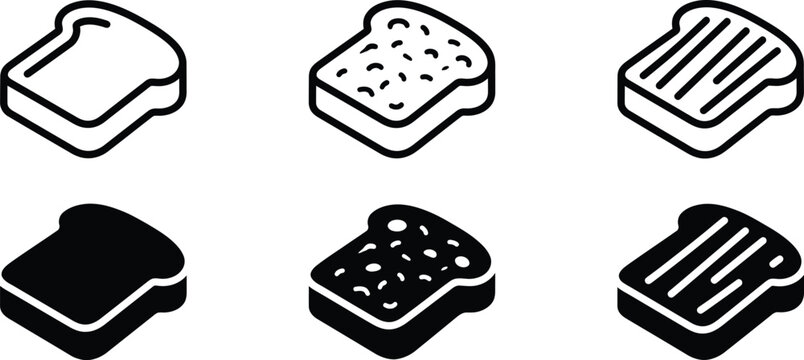Isometric bread slice icon set toast bakery food breakfast flat line and solid symbols
