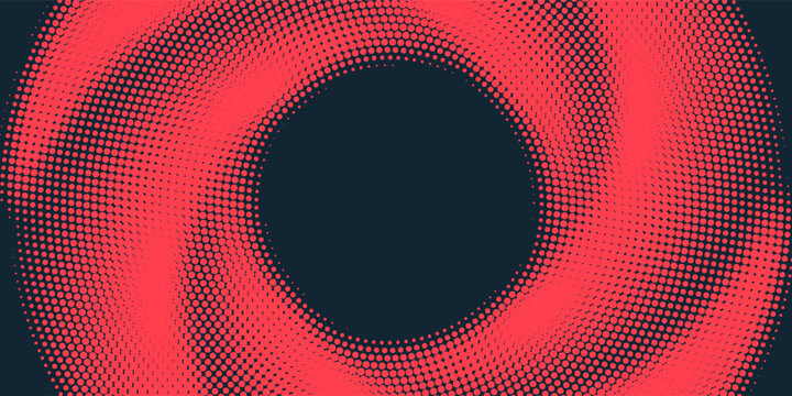 Circular Halftone Pattern Concentric Circles Frame Vector Red Black Colour Abstract Background. Mod Minimalist Art Half Tone Graphics Rippled Structure. Retro Futurism Technology Art Illustration
