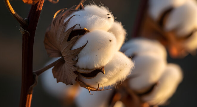 Close up of fluffy white cotton bolls on a branch with warm golden hour sunlight in the field