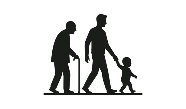 Silhouette of three generations walking together, elderly, adult, and child, on a white background