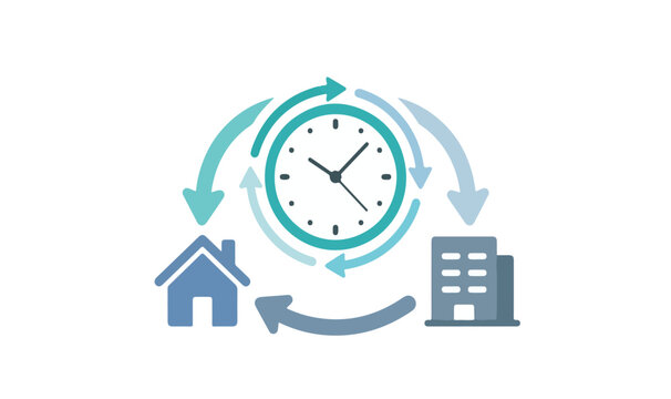 Flat icon of a flexible work schedule clock with arrows connecting house and office