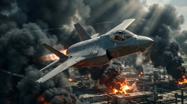 Modern Stealth Fighter Jet Flying Over a War-Torn City with Explosions and Smoke