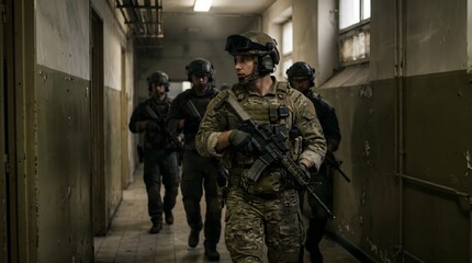 Naklejka premium Special Forces Soldiers Patrolling a Dark, Gritty Urban Corridor on a Tactical Mission