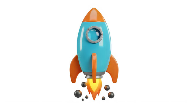 3d rocket character launching with flame and smoke particles isolated on transparent background
