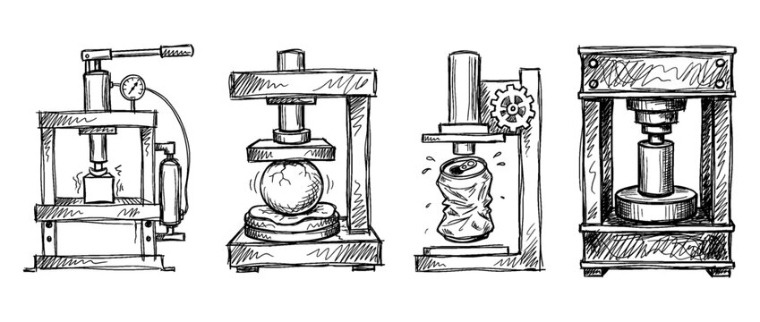 hydraulic press , pen scribble , kid Hand drawn , vector