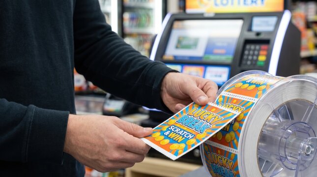 Cashier hands tearing a colorful scratch and win lottery ticket from a roll at a store counter