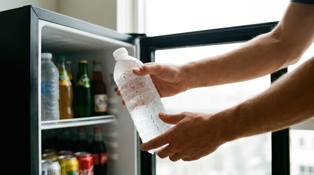 Hands taking a cold plastic bottle of water from a small refrigerator filled with drinks