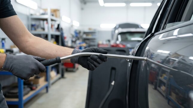 Auto body technician using a long metal rod tool for paintless dent repair on a car door