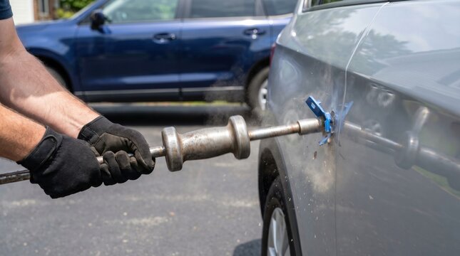 Mechanic using a heavy slide hammer tool to pull a dent from a silver car body panel