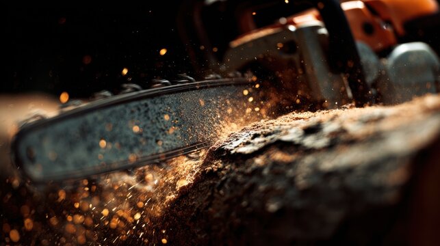 Dynamic close-up of a chainsaw cutting through rough tree bark with flying wood particles illuminated by warm light creating a dramatic woodworking moment