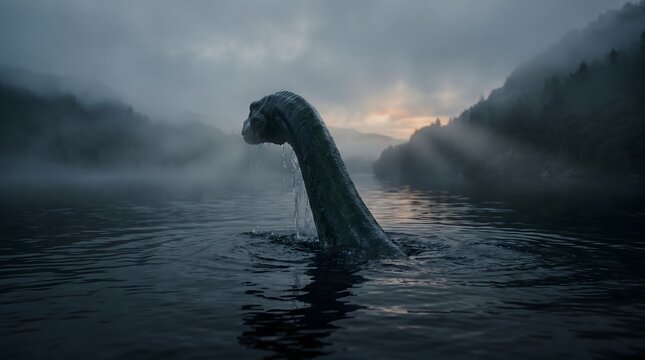 Mysterious Prehistoric Creature Emerging from Dark Misty Lake at Dawn with Sun Rays