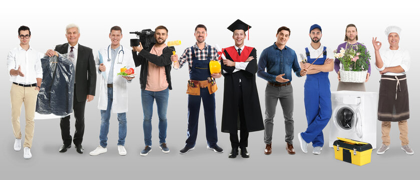 Career choice. Graduate student and men of various professions on color gradient background