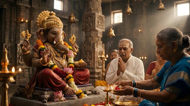 Hindu Devotees Performing Puja Ceremony with Ganesha Idol in a Traditional Indian Temple