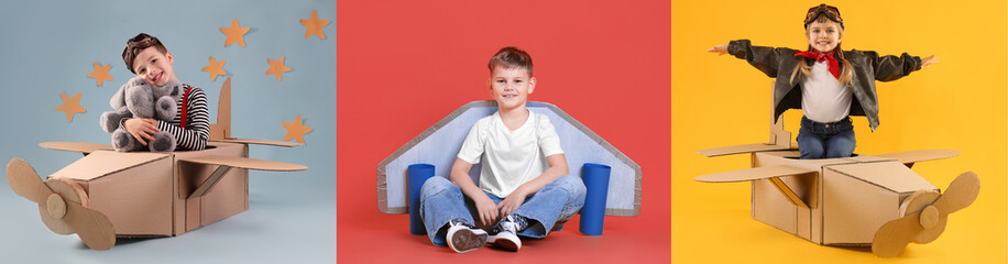 Cute children playing airplane pilot. Collection of portraits on colorful backgrounds. Fun science for kids © New Africa