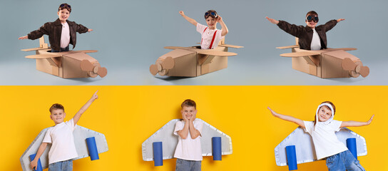 Cute children playing airplane pilot. Collection of portraits on colorful backgrounds. Fun science for kids © New Africa