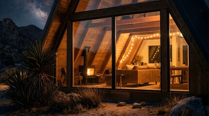Obraz premium Cozy A-frame cabin at night with starry sky and warm interior lights