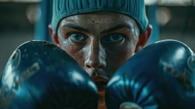 A young boxer's focused expression before a match.