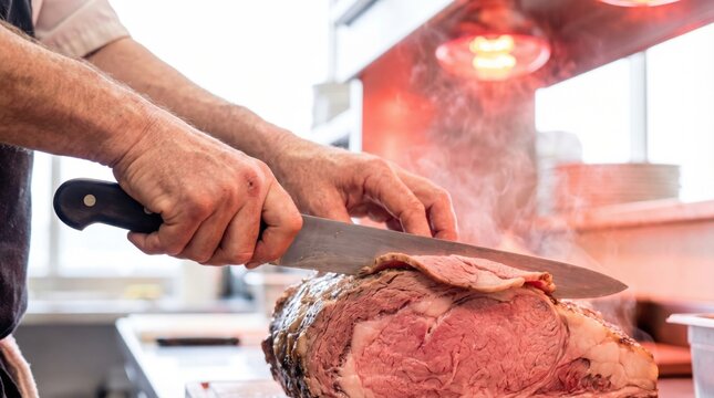 Chef hands using a long carving knife to slice a thick piece of roasted prime rib beef